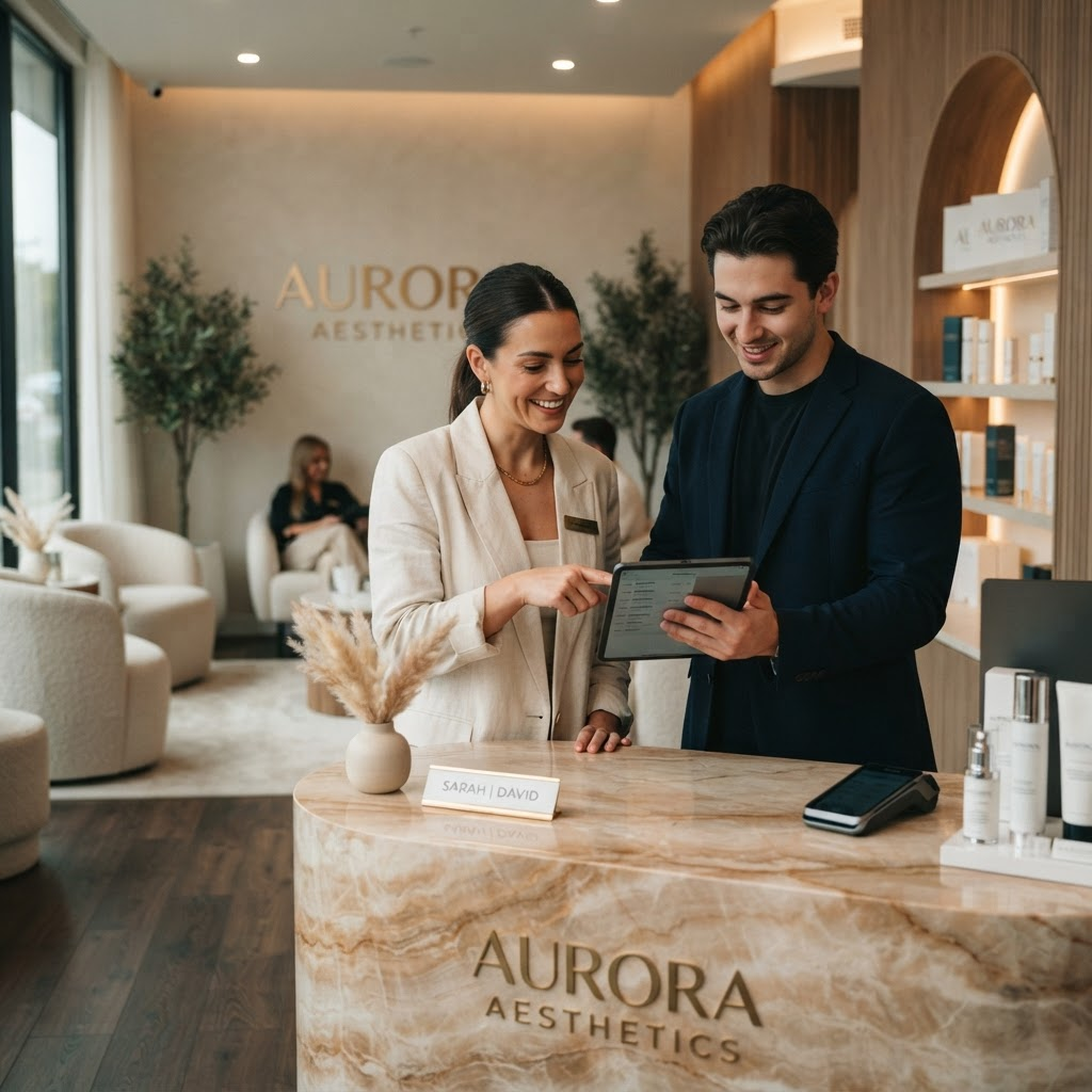 Two med spa front desk staff members, one man and one woman, reviewing bookings on a tablet