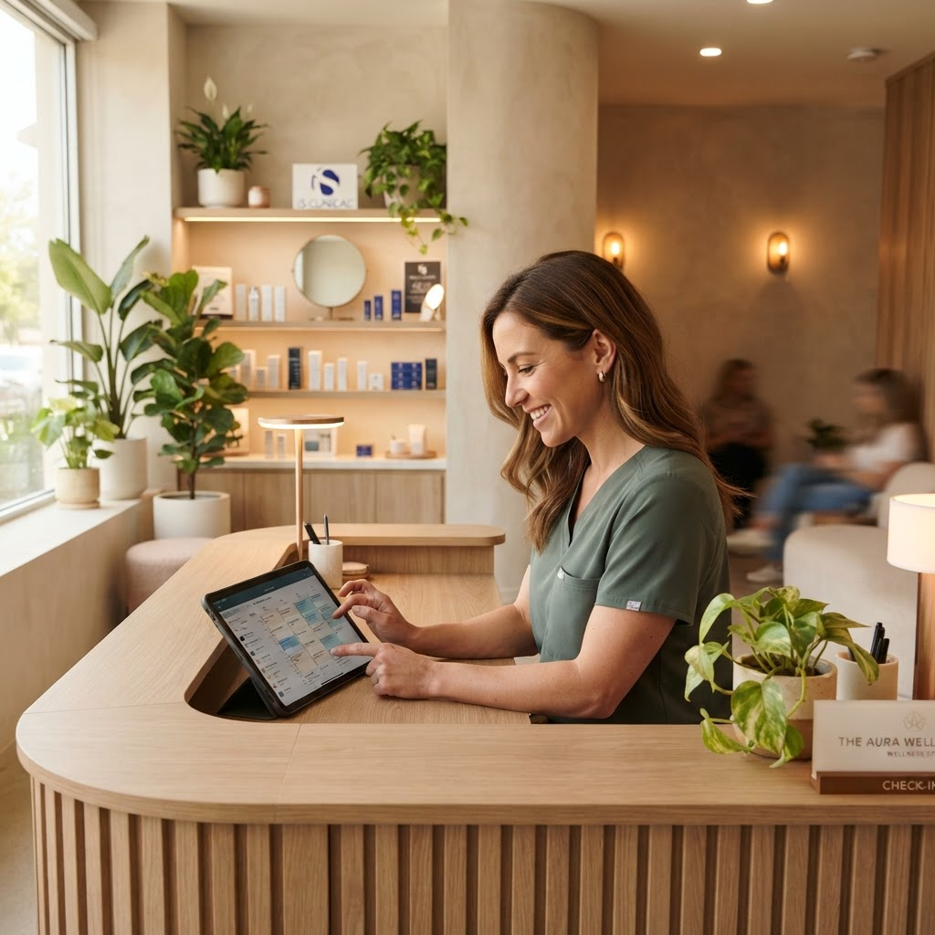 Med spa front desk staff reviewing bookings on a tablet