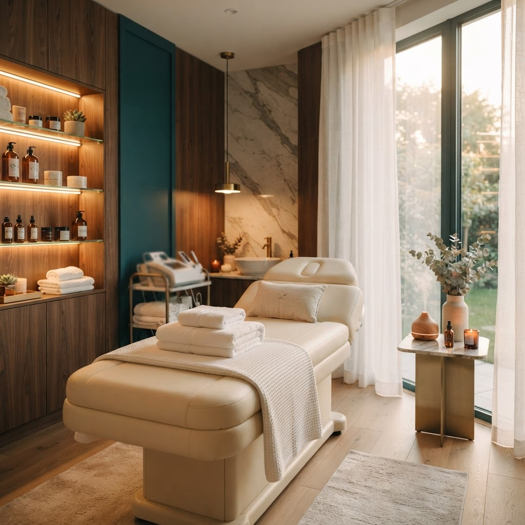 Warm, upscale med spa treatment room with skincare shelving and a plush treatment bed